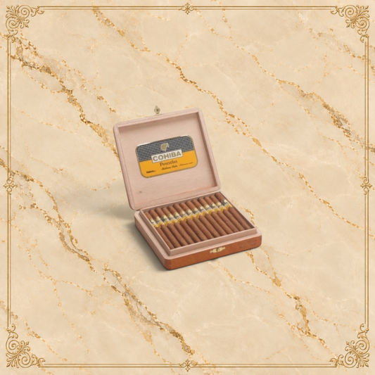 Arcadia Cigars Cohiba Panetelas box of 25 Cuban cigars. Medium-bodied, slim format with notes of cream and cedar.