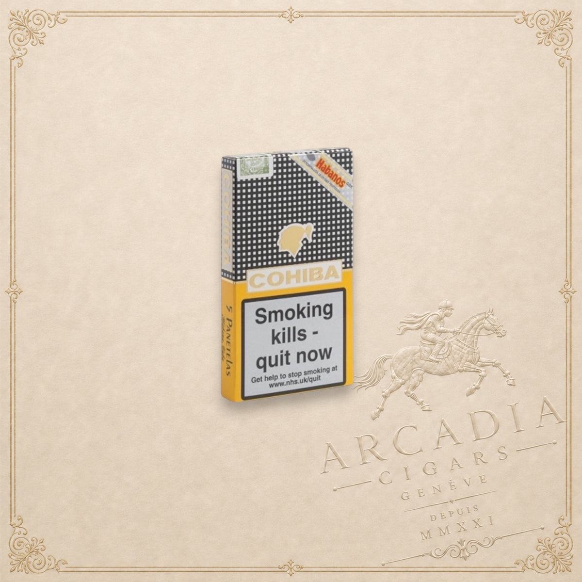 Arcadia Cigars Cohiba Panetelas pack featuring the iconic black and yellow checkered design on a textured background.