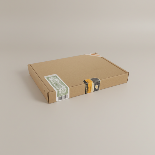 Arcadia Cigars Cohiba Piramides Extra box, featuring a cardboard exterior with green and gold band details.