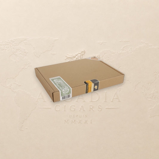 Arcadia Cigars Cohiba Piramides Extra box, featuring a cardboard exterior with green and gold band details.