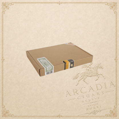 Arcadia Cigars Cohiba Piramides Extra box, featuring a cardboard exterior with green and gold band details.