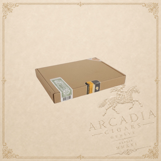 Arcadia Cigars Cohiba Piramides Extra box, featuring a cardboard exterior with green and gold band details.
