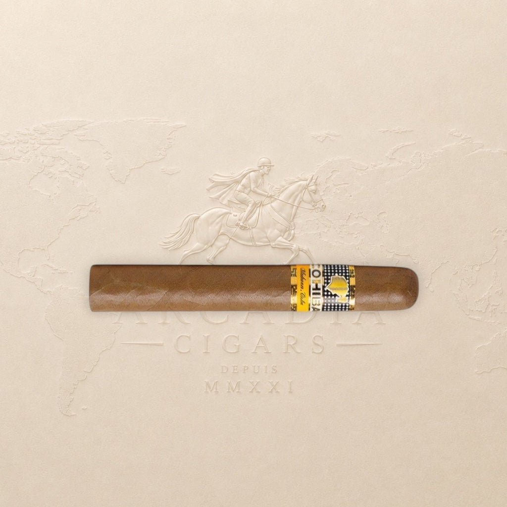 Arcadia Cigars Cohiba Siglo VI cigar with a golden band and brown wrapper. Medium to full strength.