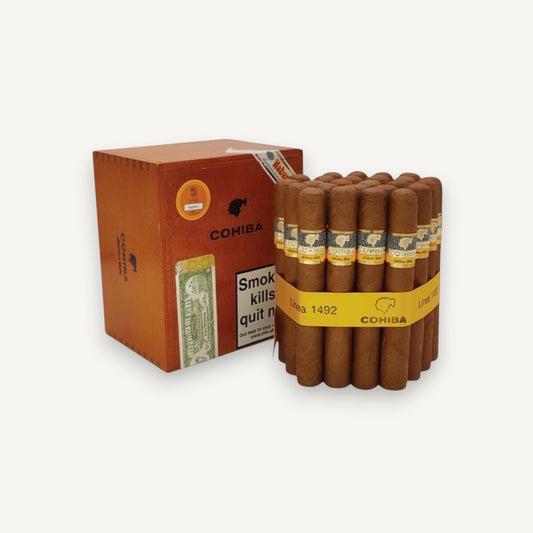 Arcadia Cigars Cohiba Siglo VI cigar box and cigars. Rich brown tobacco leaves, medium to full strength.