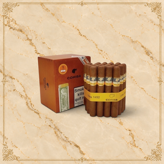 Arcadia Cigars Cohiba Siglo VI cigar box and cigars. Rich brown tobacco leaves, medium to full strength.