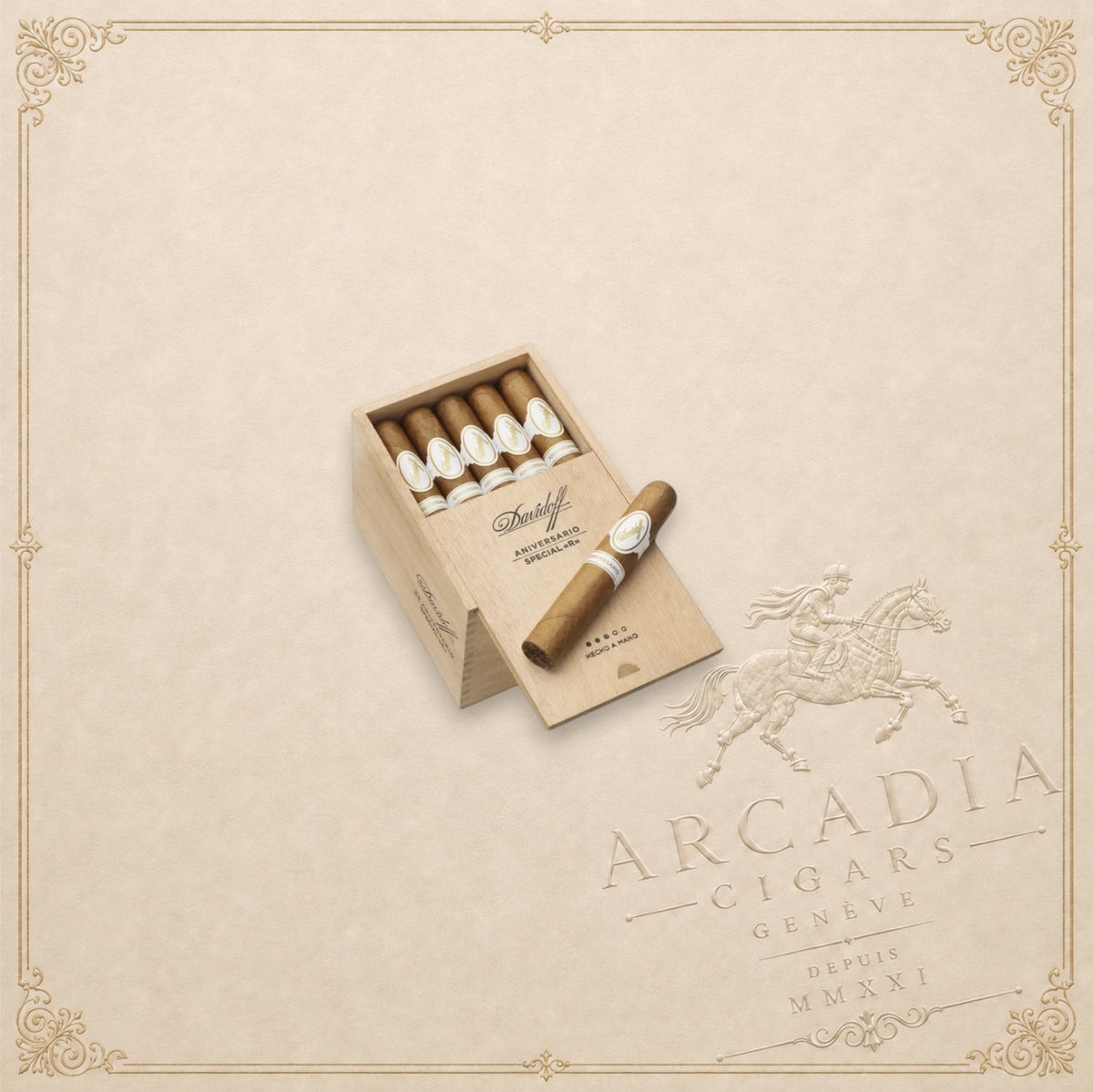 Arcadia Cigars Davidoff Aniversario Special R cigar box with five premium cigars and one resting on the lid.
