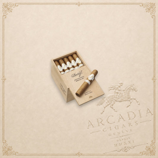 Arcadia Cigars Davidoff Aniversario Special R cigar box with five premium cigars and one resting on the lid.