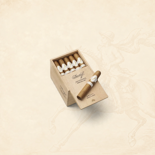 Arcadia Cigars Davidoff Aniversario Special R cigar box with five premium cigars and one resting on the lid.