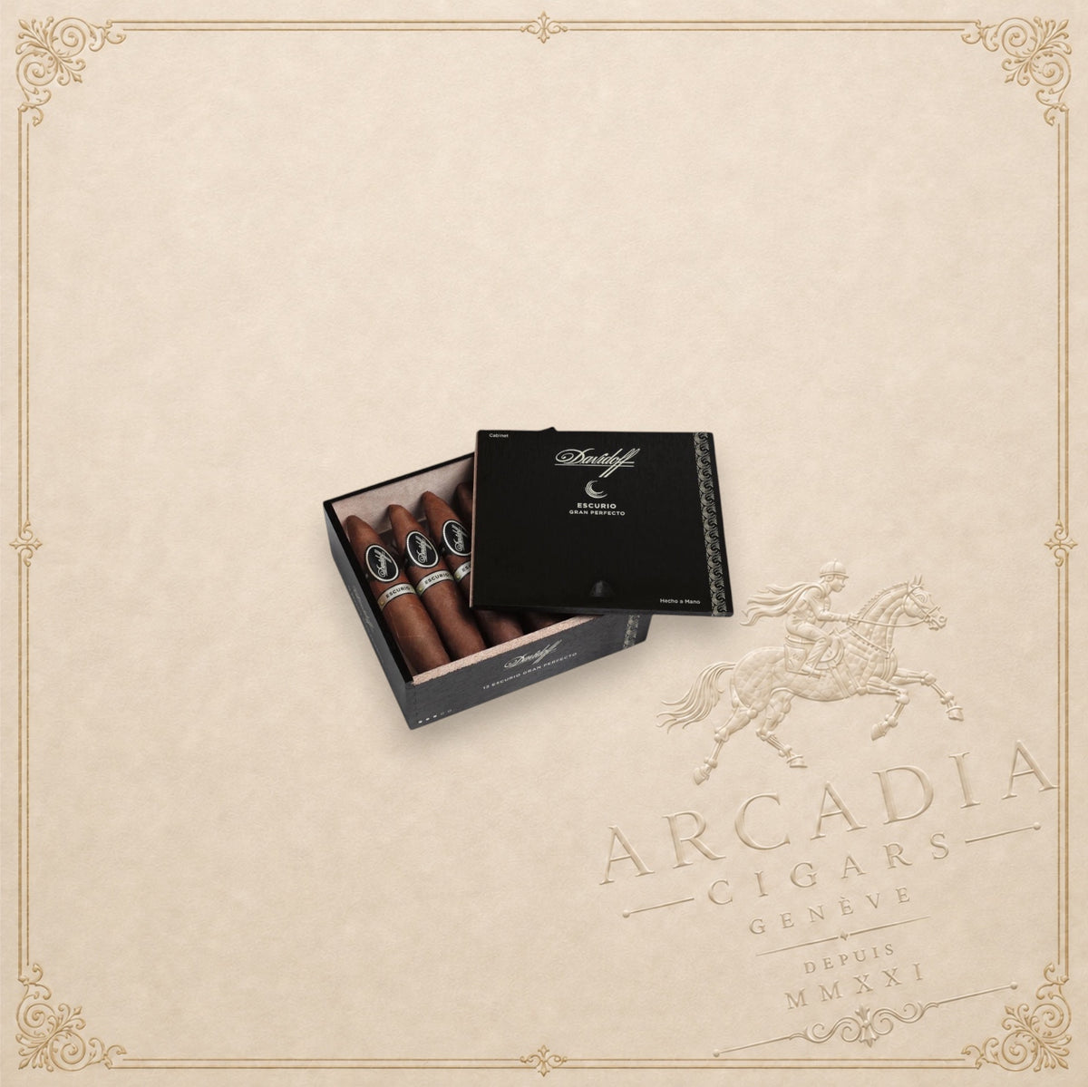 Arcadia Cigars Davidoff Escurio Gran Perfecto 2022 vintage cigars in a black presentation box