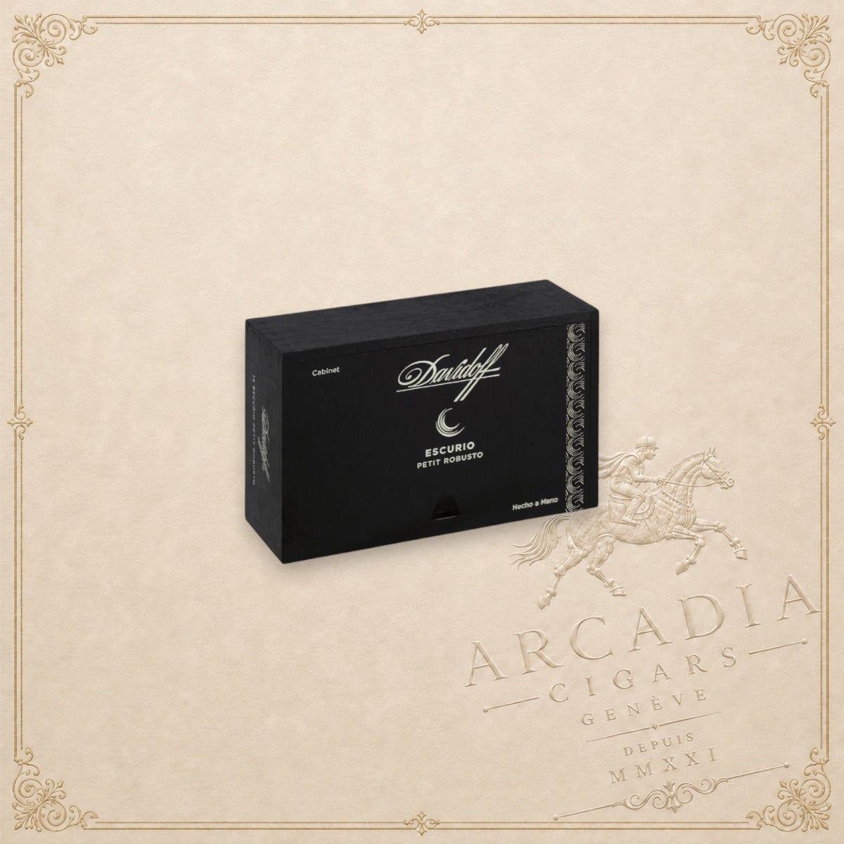 Arcadia Cigars Davidoff Escurio Petit Robusto black wooden cigar box with elegant white branding and gold accents
