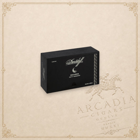 Arcadia Cigars Davidoff Escurio Petit Robusto black wooden cigar box with elegant white branding and gold accents