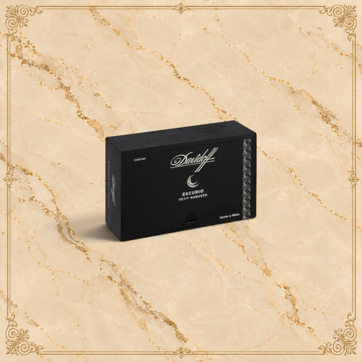 Arcadia Cigars Davidoff Escurio Petit Robusto black wooden cigar box with elegant white branding and gold accents