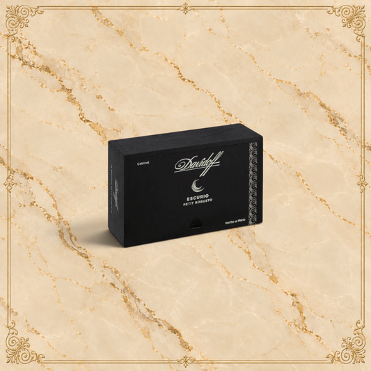 Arcadia Cigars Davidoff Escurio Petit Robusto black wooden cigar box with elegant white branding and gold accents