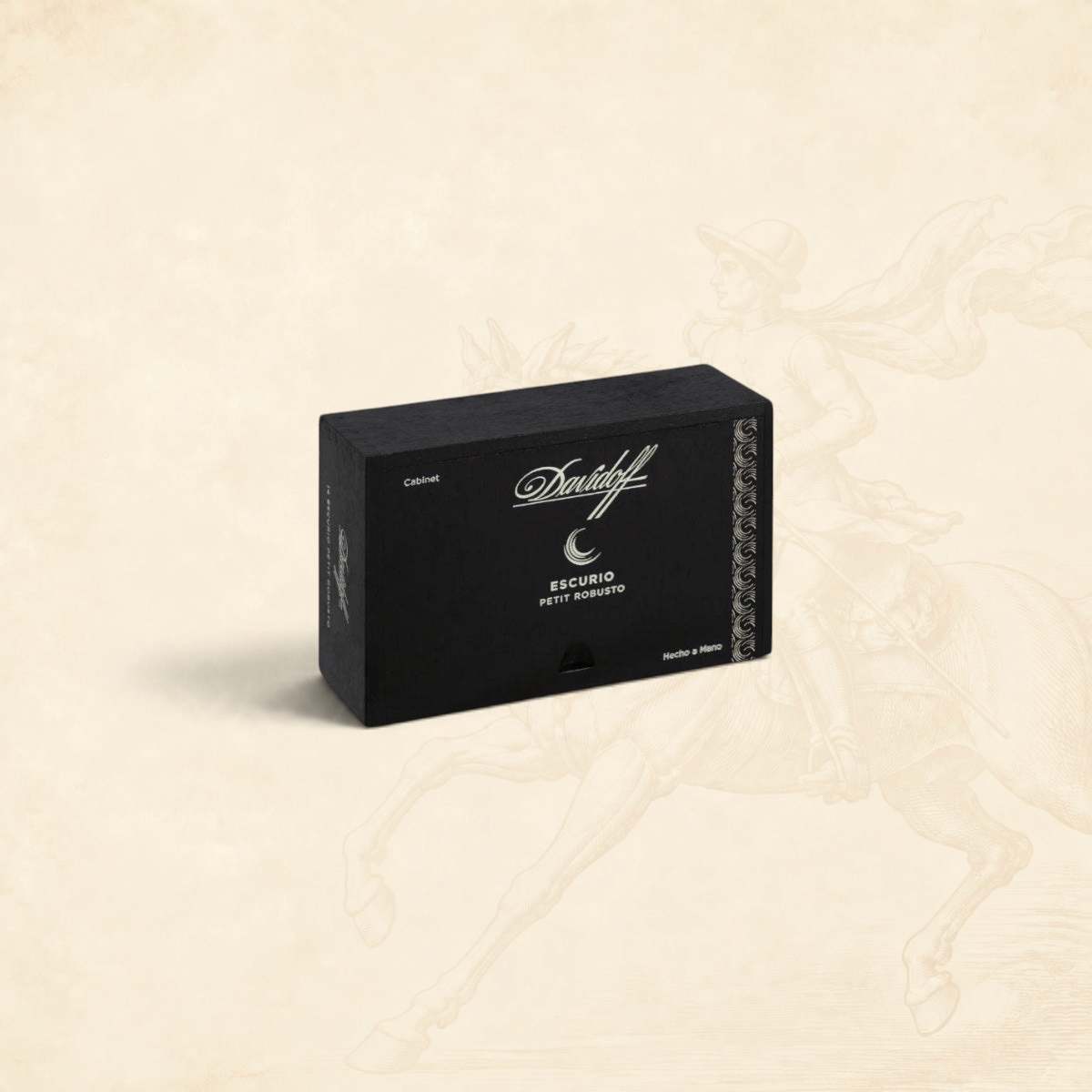 Arcadia Cigars Davidoff Escurio Petit Robusto black wooden cigar box with elegant white branding and gold accents