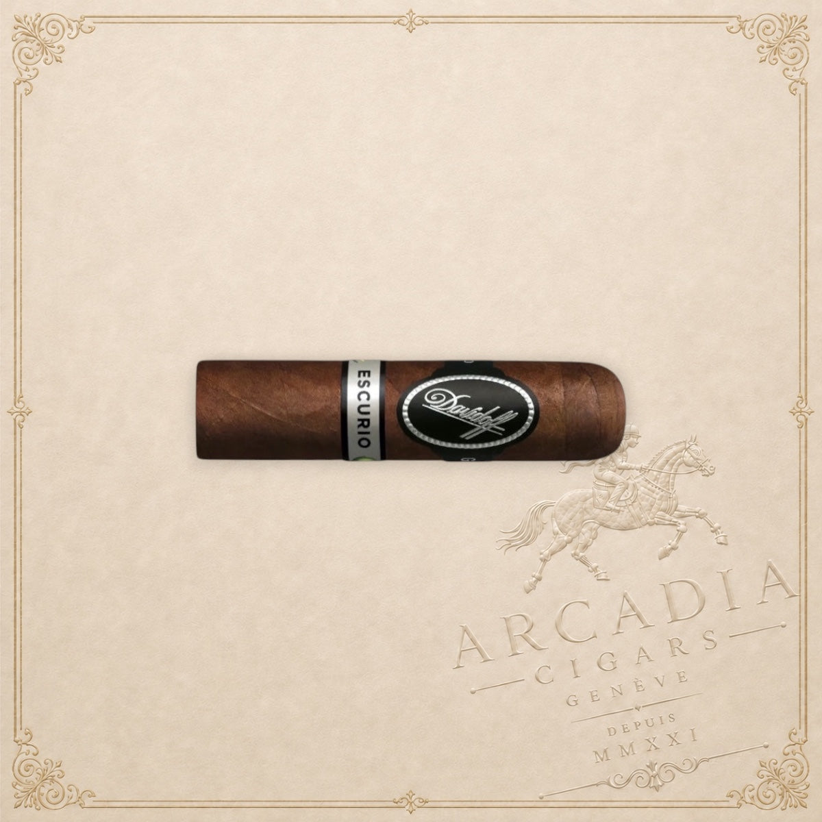 Arcadia Cigars Davidoff Escurio Petit Robusto cigar with a dark brown wrapper and signature black and silver bands.