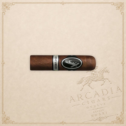 Arcadia Cigars Davidoff Escurio Petit Robusto cigar with a dark brown wrapper and signature black and silver bands.
