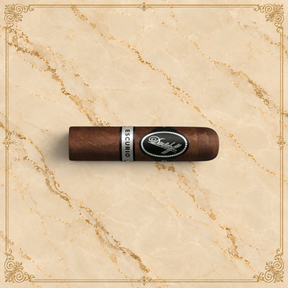 Arcadia Cigars Davidoff Escurio Petit Robusto cigar with a dark brown wrapper and signature black and silver bands.