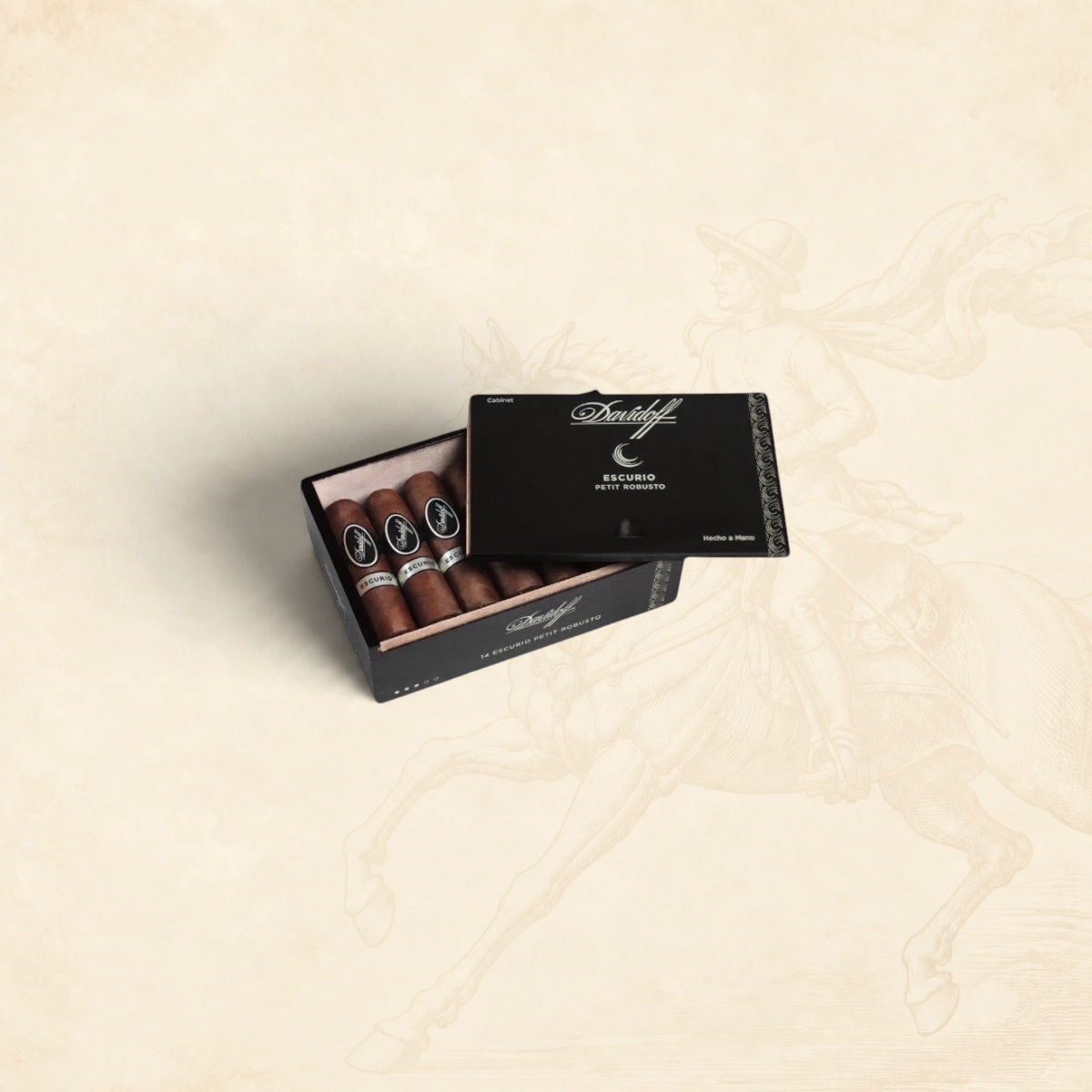 Arcadia Cigars Davidoff Escurio Petit Robusto box containing premium cigars with Ecuadorian Havana wrappers.