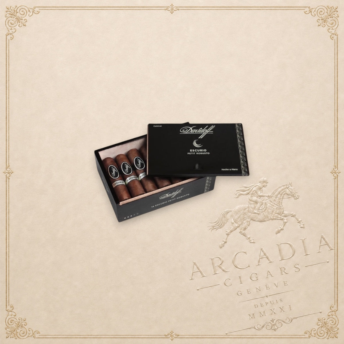 Arcadia Cigars Davidoff Escurio Petit Robusto box containing premium cigars with Ecuadorian Havana wrappers.