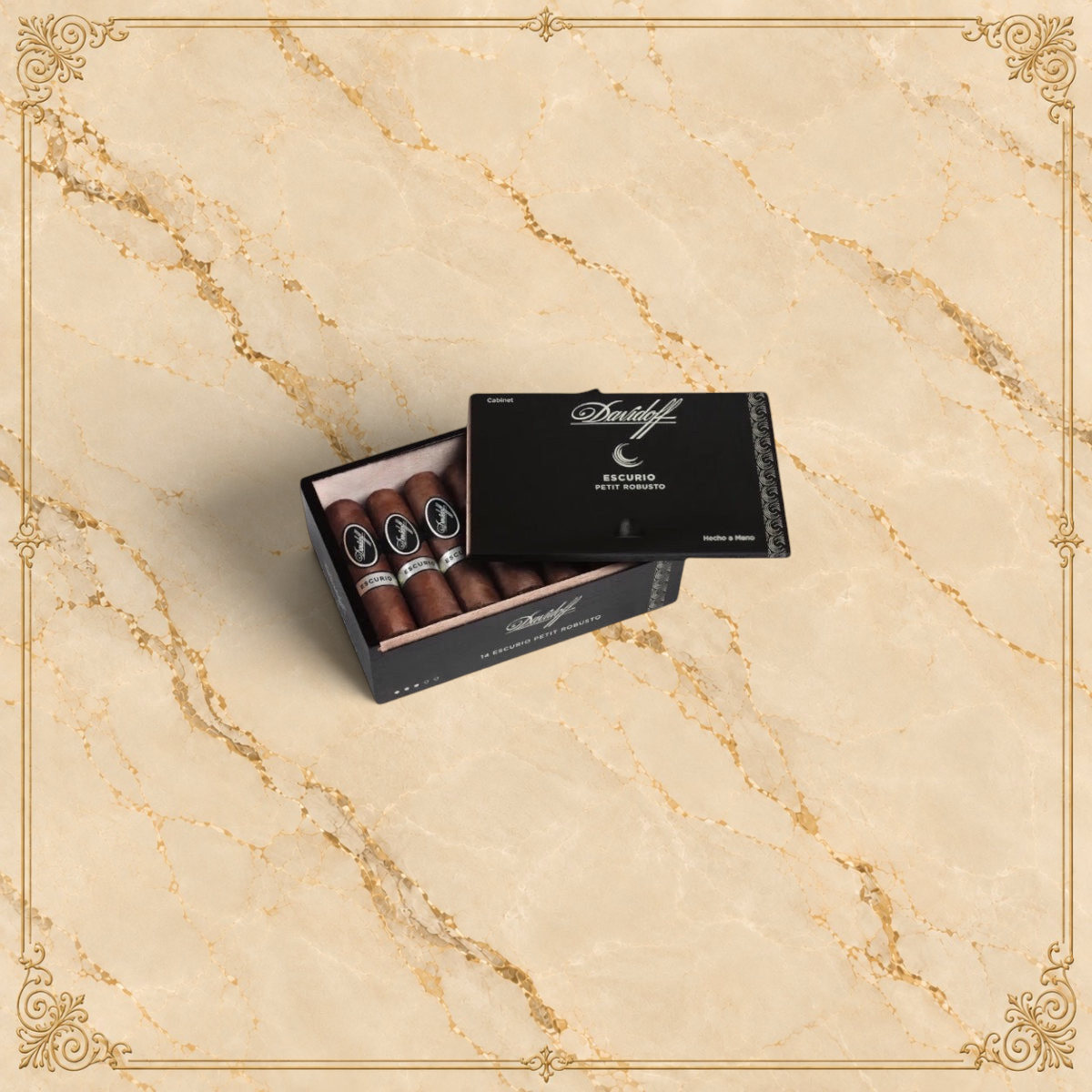 Arcadia Cigars Davidoff Escurio Petit Robusto box containing premium cigars with Ecuadorian Havana wrappers.