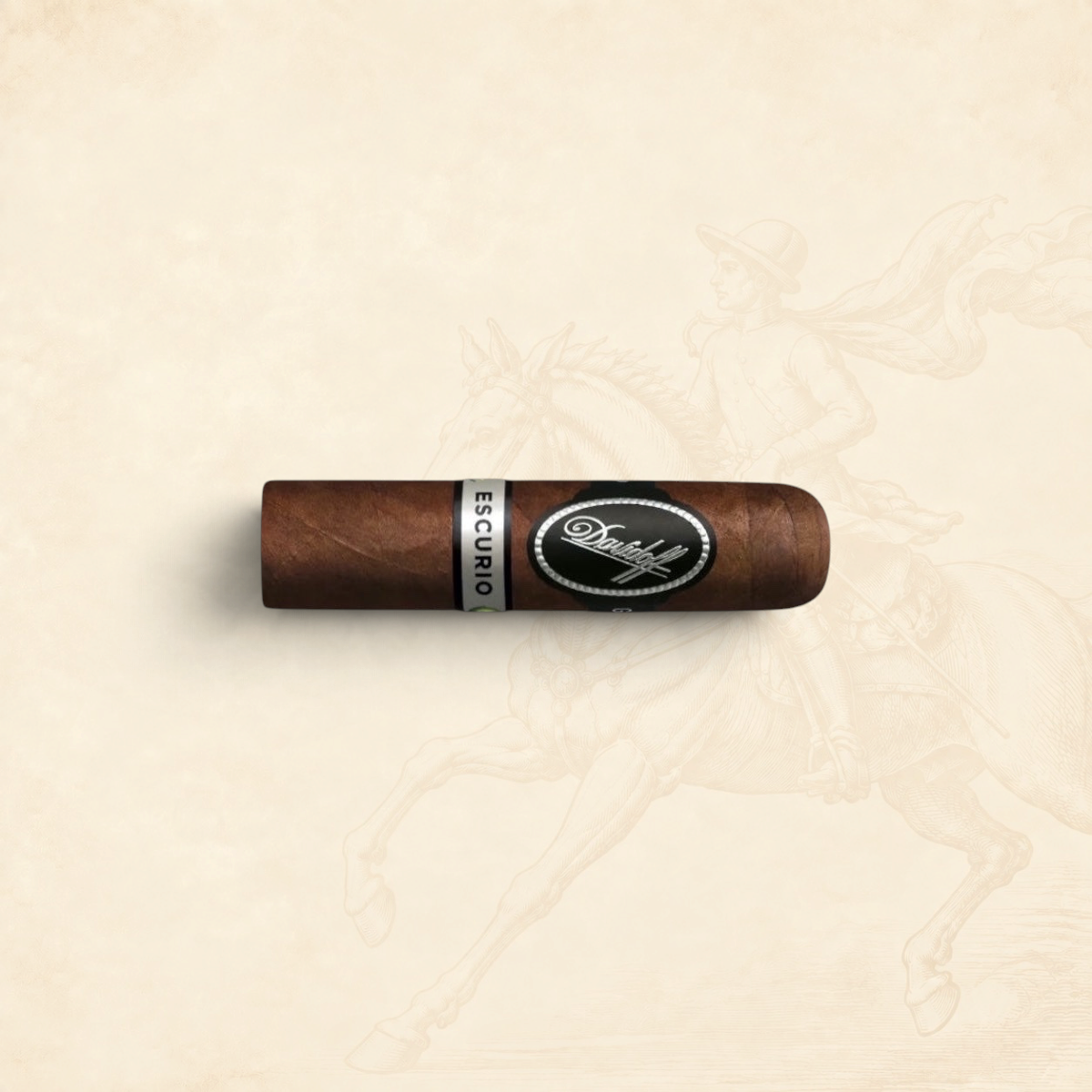 Arcadia Cigars Davidoff Escurio Petit Robusto cigar with a dark brown wrapper and signature black and silver bands.