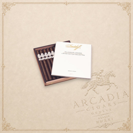 Arcadia Cigars Davidoff Millennium Lancero Limited Edition 2023 cigars in a white branded wooden presentation box