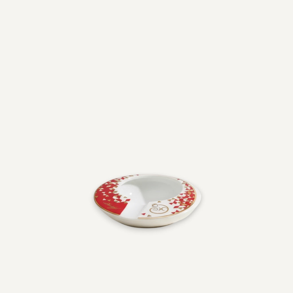 Arcadia Cigars limited edition porcelain ashtray, white with red and gold monkey zodiac design, round shape with two cigar rests.