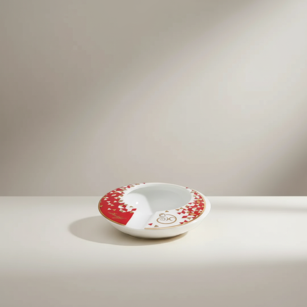 Arcadia Cigars limited edition porcelain ashtray, white with red and gold monkey zodiac design, round shape with two cigar rests.