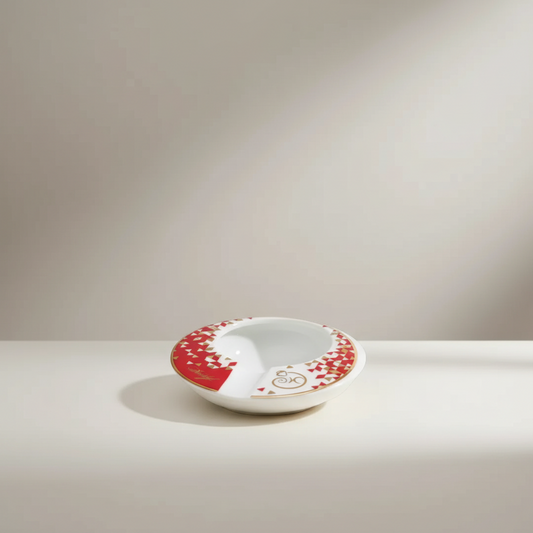 Arcadia Cigars limited edition porcelain ashtray, white with red and gold monkey zodiac design, round shape with two cigar rests.