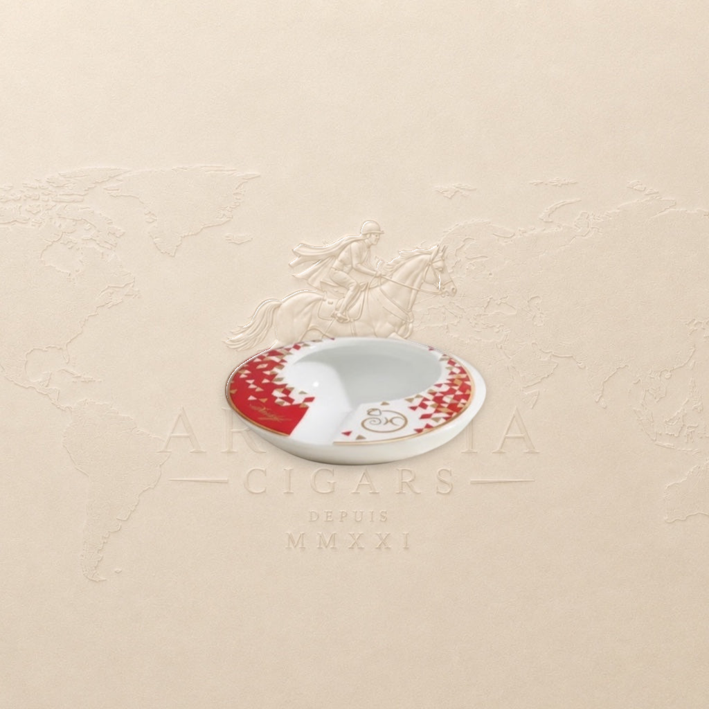 Arcadia Cigars limited edition porcelain ashtray, white with red and gold monkey zodiac design, round shape with two cigar rests.