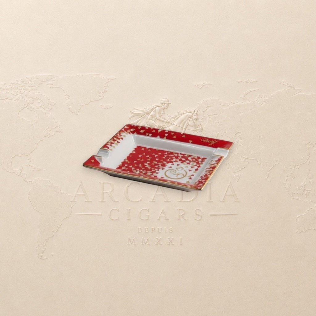 Arcadia Cigars Davidoff Year of Monkey ashtray, white Limoges porcelain with red and gold accents, 2 cigar rests.