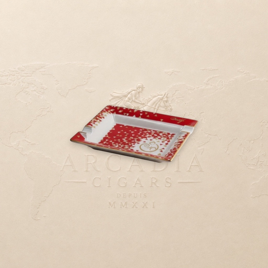 Arcadia Cigars Davidoff Year of Monkey ashtray, white Limoges porcelain with red and gold accents, 2 cigar rests.