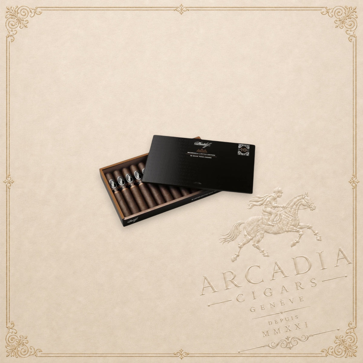 Arcadia Cigars Davidoff Nicaragua 10th Anniversary Limited Edition 2023 Gran Toro cigars in a black presentation box.