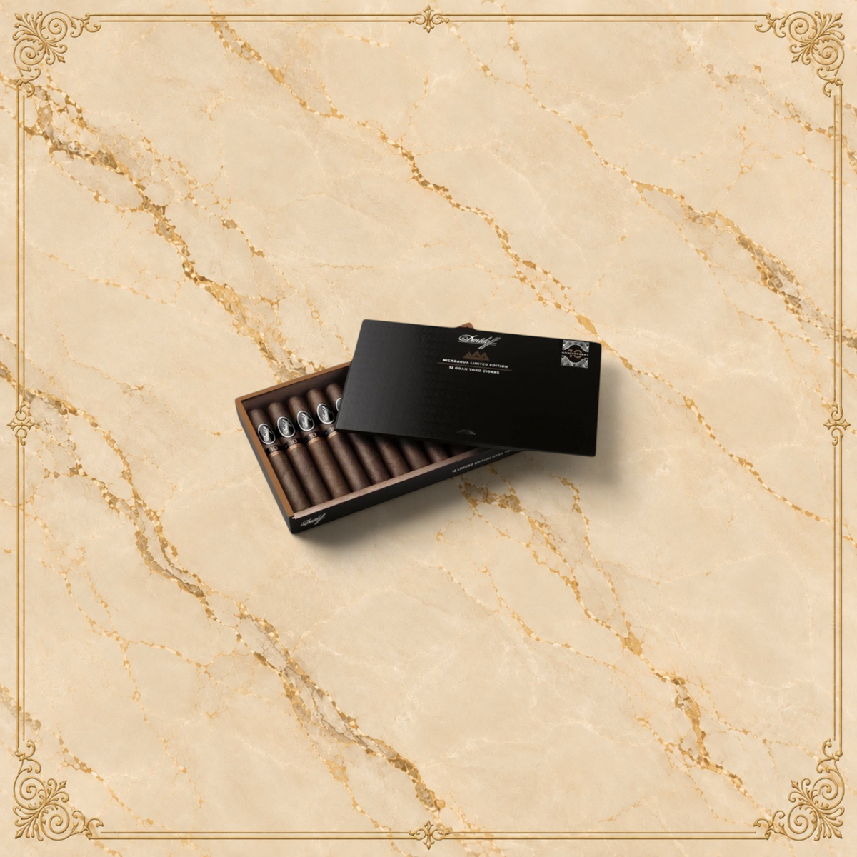 Arcadia Cigars Davidoff Nicaragua 10th Anniversary Limited Edition 2023 Gran Toro cigars in a black presentation box.