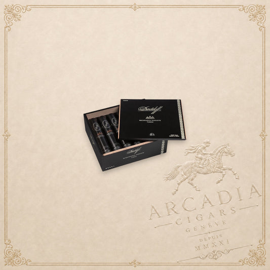 Arcadia Cigars Davidoff Nicaragua Robusto Vintage 2023 cigars in black tubes inside a branded wooden presentation box