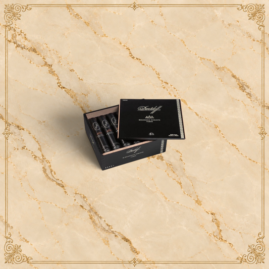 Arcadia Cigars Davidoff Nicaragua Robusto Vintage 2023 cigars in black tubes inside a branded wooden presentation box
