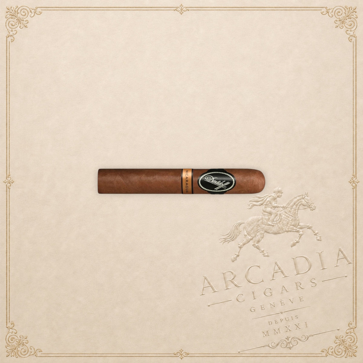 Arcadia Cigars Davidoff Nicaragua Robusto Vintage 2023 premium cigar with dark wrapper and branded cigar band