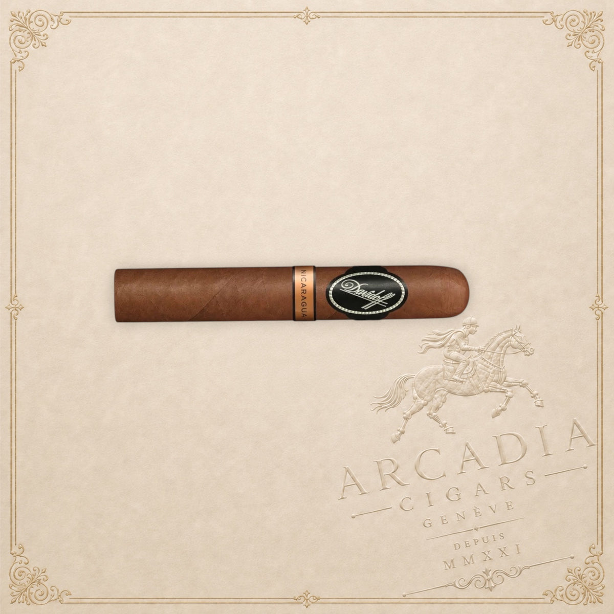 Arcadia Cigars Davidoff Nicaragua Toro Vintage 2023 cigar with a smooth brown wrapper and branded cigar band
