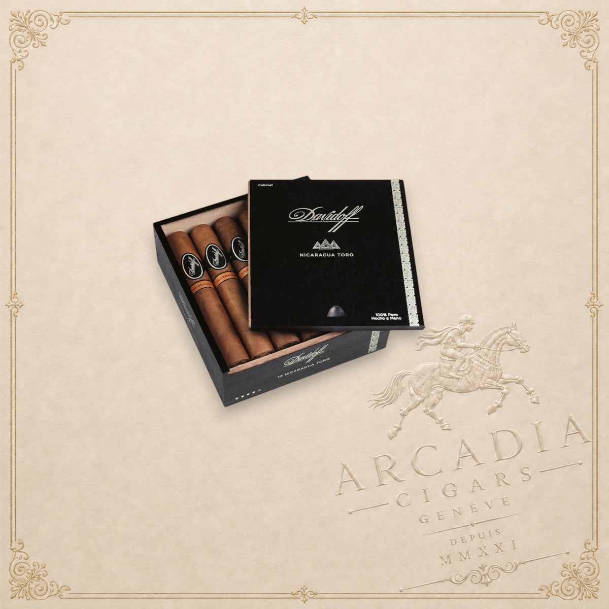 Arcadia Cigars Davidoff Nicaragua Toro Vintage 2023 premium cigars in an open black wooden presentation box