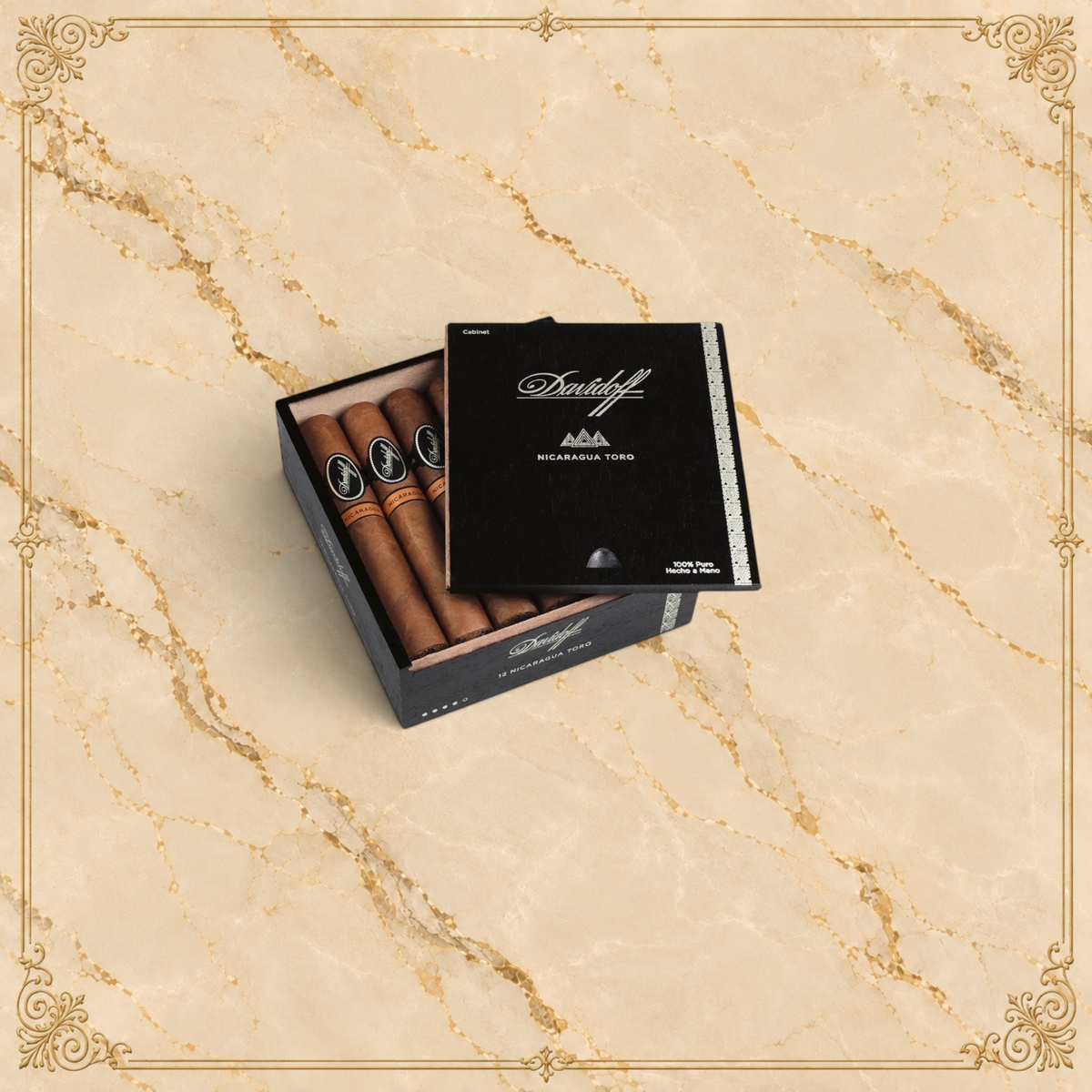 Arcadia Cigars Davidoff Nicaragua Toro Vintage 2023 premium cigars in an open black wooden presentation box