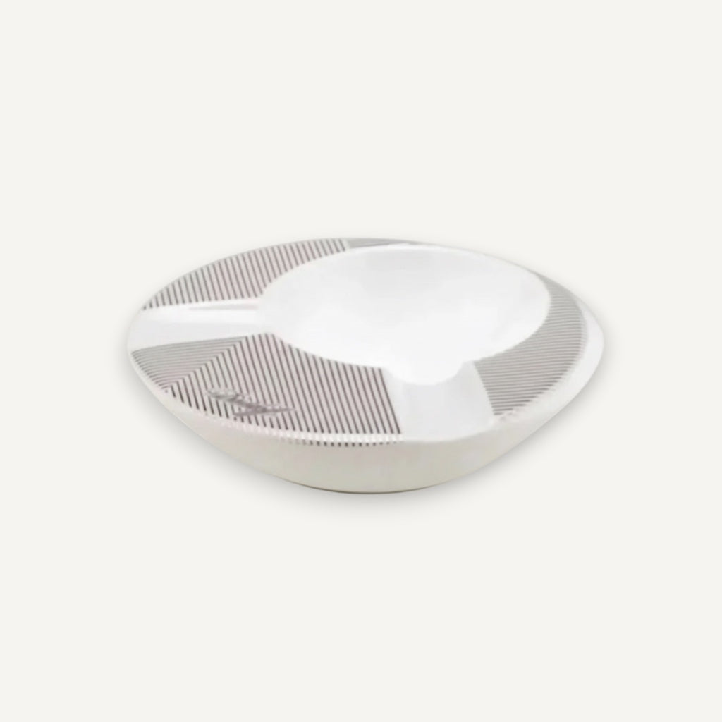 Arcadia Cigars white porcelain round ashtray with grey pinstripe detail and two cigar rests.