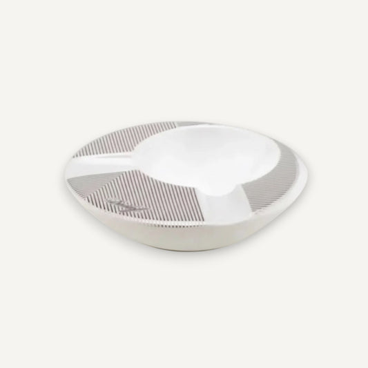 Arcadia Cigars white porcelain round ashtray with grey pinstripe detail and two cigar rests.