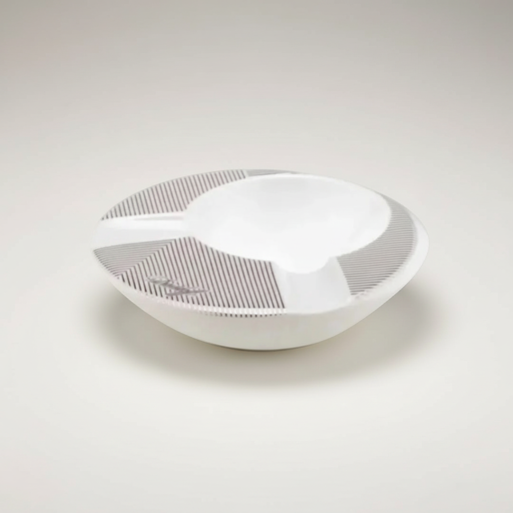Arcadia Cigars white porcelain round ashtray with grey pinstripe detail and two cigar rests.
