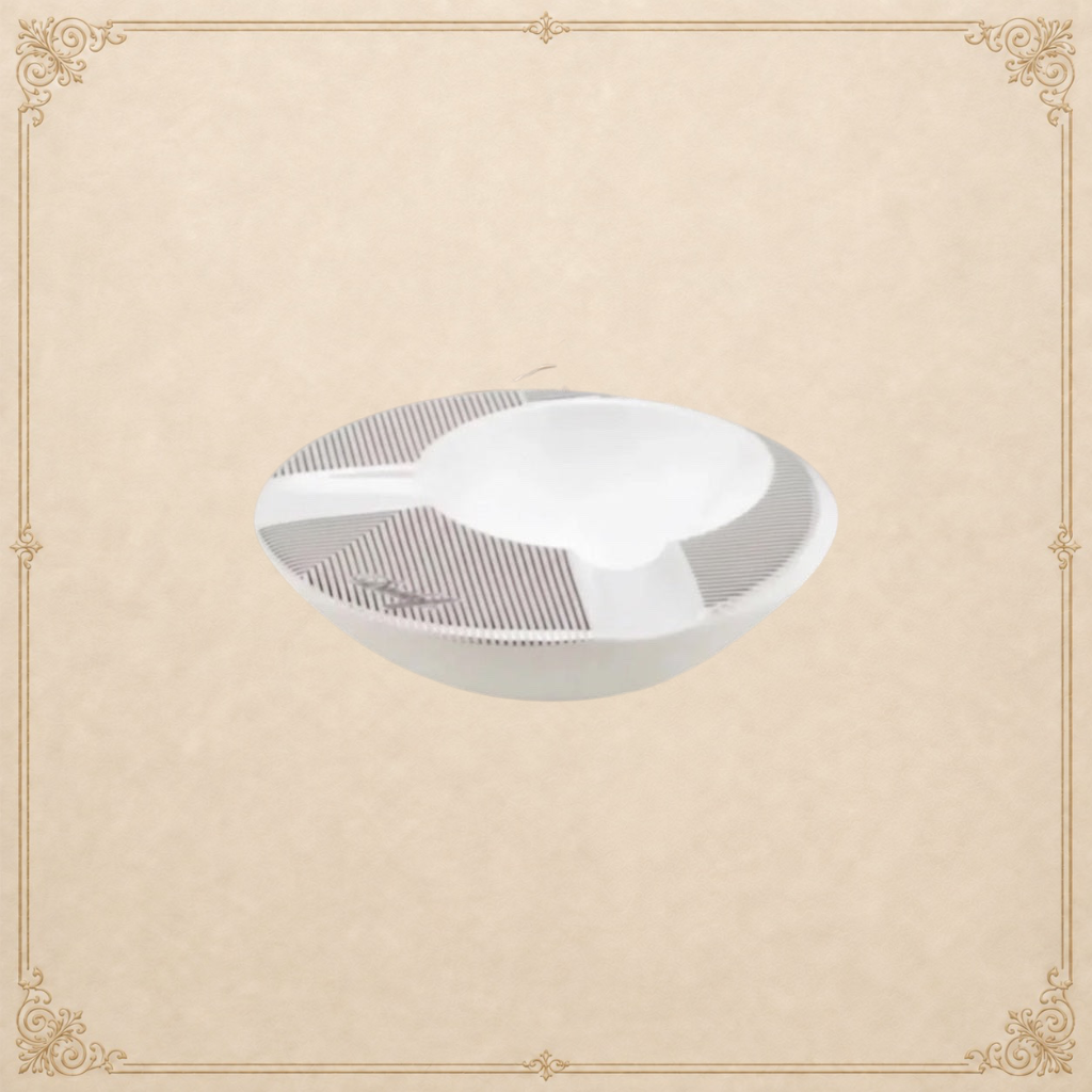 Arcadia Cigars white porcelain round ashtray with grey pinstripe detail and two cigar rests.