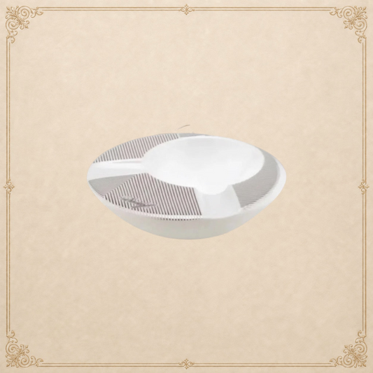 Arcadia Cigars white porcelain round ashtray with grey pinstripe detail and two cigar rests.
