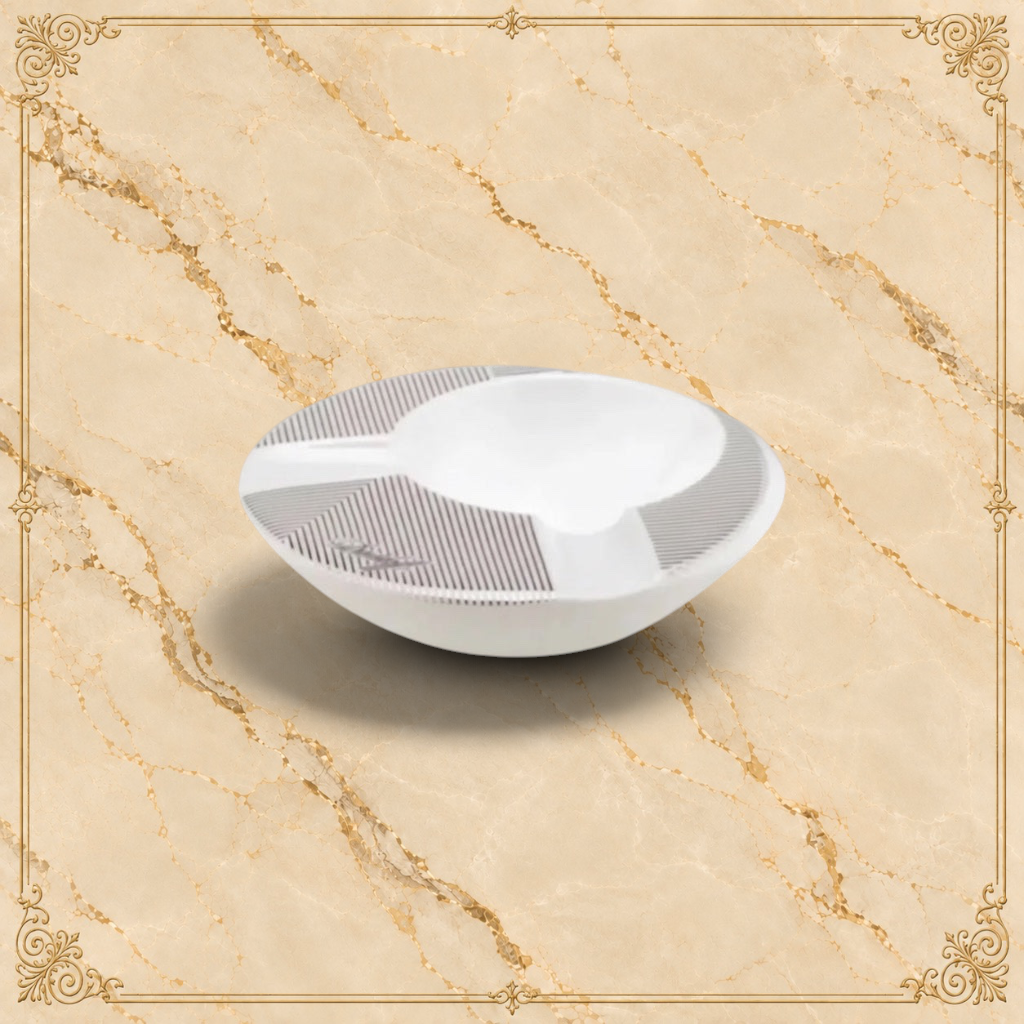 Arcadia Cigars white porcelain round ashtray with grey pinstripe detail and two cigar rests.