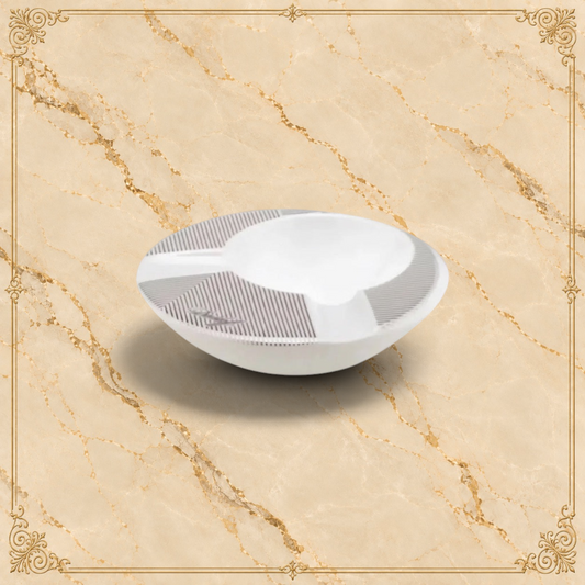 Arcadia Cigars white porcelain round ashtray with grey pinstripe detail and two cigar rests.