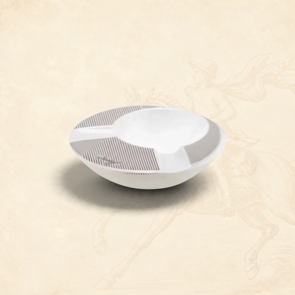 Arcadia Cigars white porcelain round ashtray with grey pinstripe detail and two cigar rests.