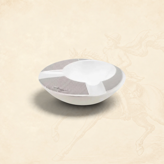 Arcadia Cigars white porcelain round ashtray with grey pinstripe detail and two cigar rests.