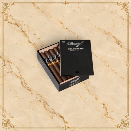 Arcadia Cigars Davidoff Puro Dominicano Corona Larga cigars in an open black wooden box on a neutral background